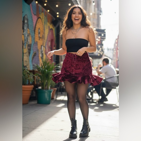 Bear Dance Dresses & Skirts - Bear Dance Velvet Lace-Up Mini Skirt in Deep Red